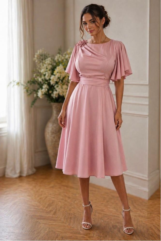 Svetloružové áčkové midi šaty na svadbu Luna